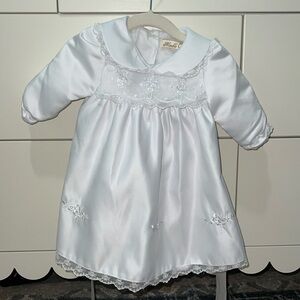 Elegant White Satin Lined Baby Dress with Lace Details - Baptism or Flower Girl